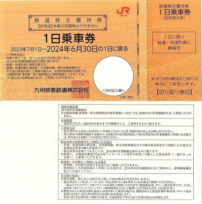 JR九州　株主優待券　1日乗車券　1枚(単位)　～4枚迄　2024年6月末迄有効