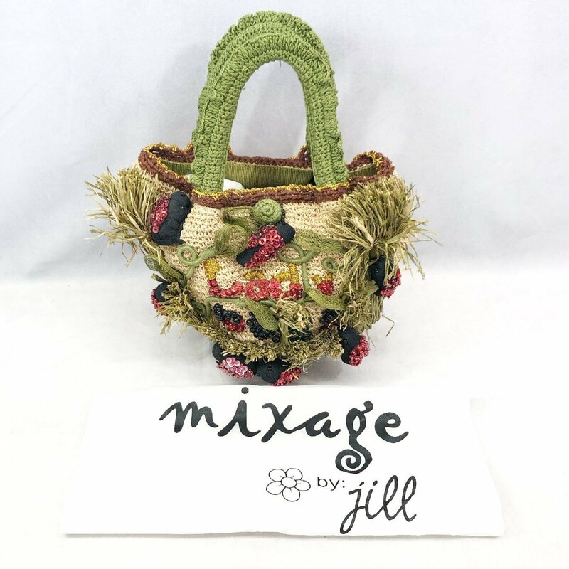 mixage by jill ミクサージュ カゴ ハンド バッグ 手提げ 虫 セミ ビーズ ドット 水玉 巾着袋 付き レディース 籠 トート 鞄