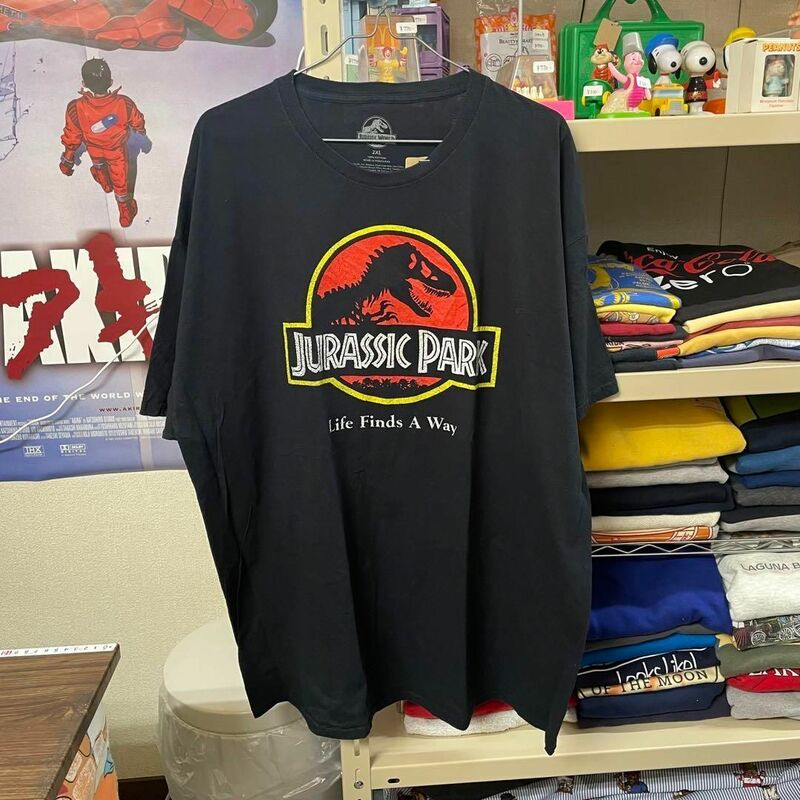 古着 Jurassic Park ジュラシックパーク プリントTシャツ ブラック 半袖 2XL 肩落ちシルエット アメカジ BIGサイズ 