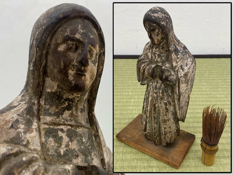 江戸期 キリシタン 古木彫 聖母マリア像 置物 骨董品 美術品 2494kebzN