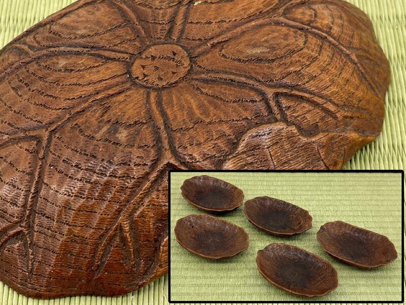 木製 木彫 葉茶托 5客 煎茶道具 骨董品 古美術品 5999mcfzN