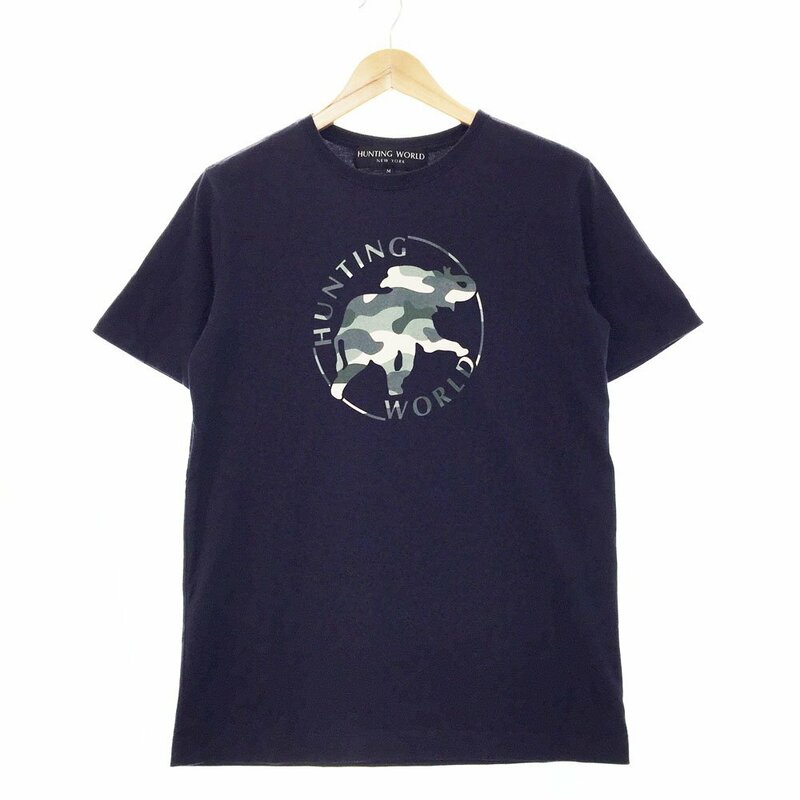 ●HUNTING WORLD ハンティングワールド 半袖 プリントTシャツ メンズ サイズM ネイビー トップス 迷彩 カモフラ柄 1301 1AA/42029