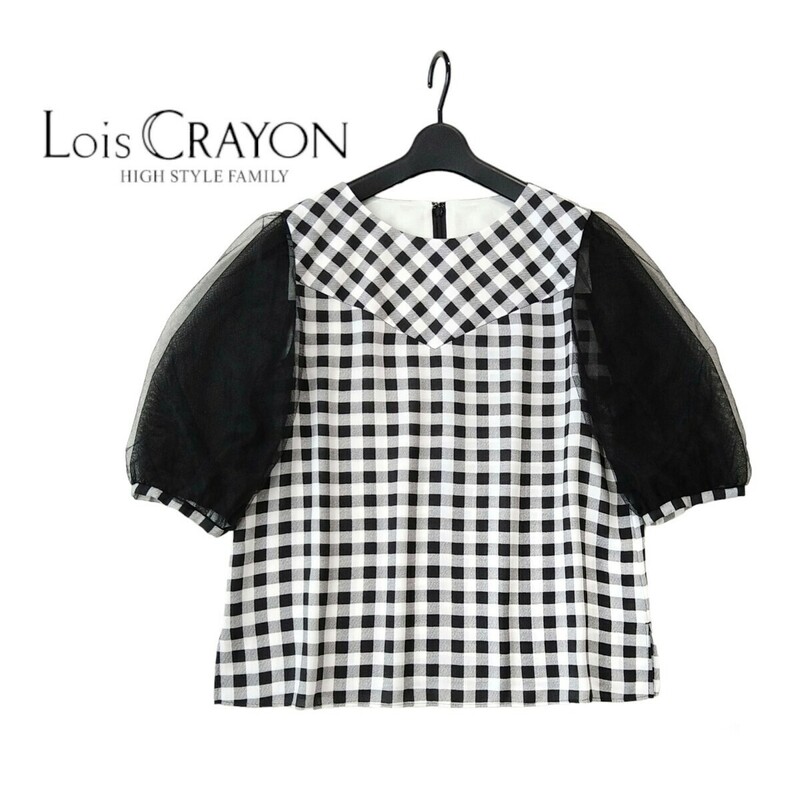 ■美品 Lois CRAYON ロイスクレヨン 洗える チュール袖 チェック カットソー ブラウス サイズM 日本製