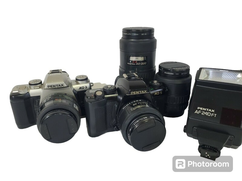 PENTAX ペンタックス AF フィルムカメラ 2点 MZ-5 MZ-3 レンズ×4 ストロボ セット通電確認済 現状品★ara-05