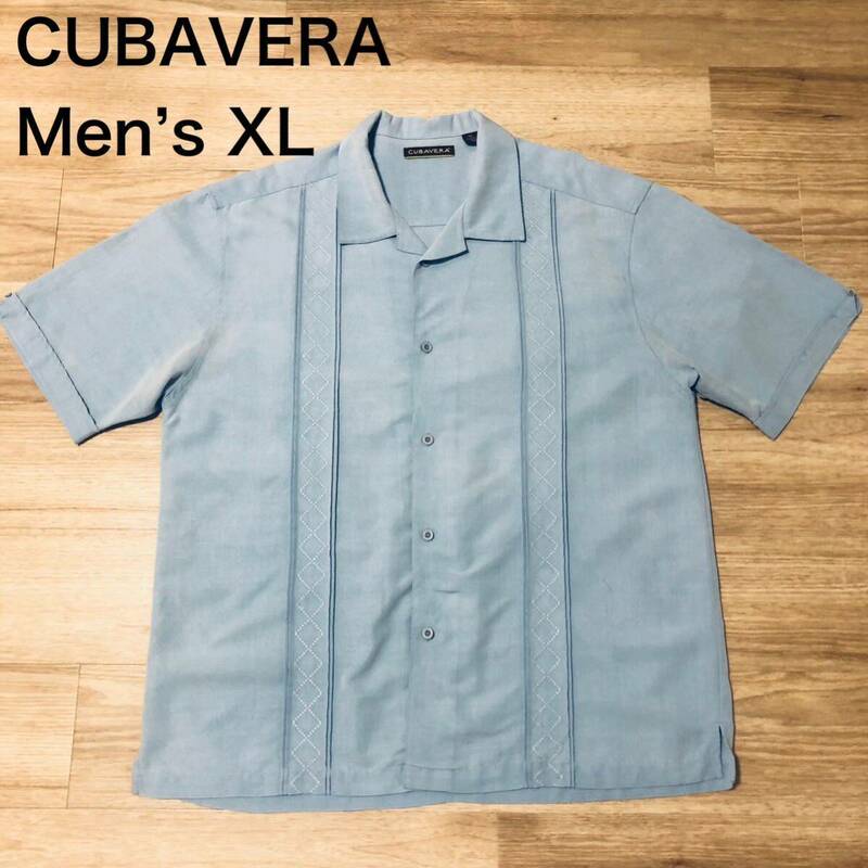 【送料無料】CUBAVERAレーヨン70%ポリエステル30%半袖キューバシャツ青　メンズXLサイズ　キューバベラ半袖シャツアロハシャツ