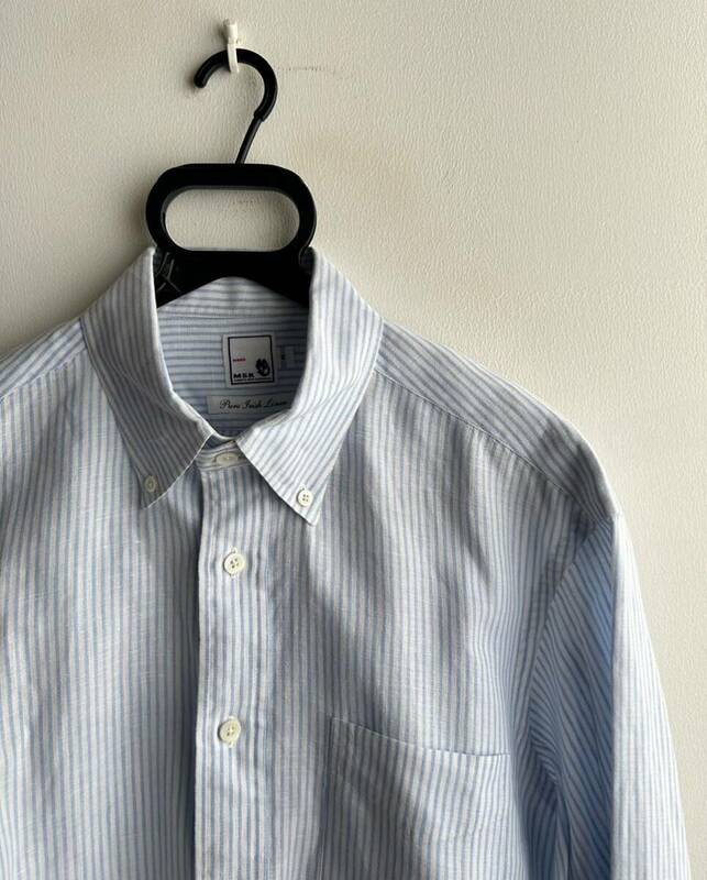 【極美品】Maker's Shirt 鎌倉 リネンシャツ メンズ M ストライプ 白×青 ボタンダウン 麻100% 日本製 鎌倉シャツ クリーニング済み