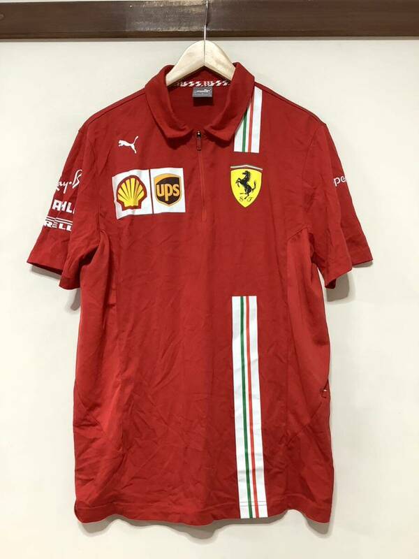 み1350 PUMA Ferrari プーマ フェラーリ コラボ ハーフジップ 半袖ポロシャツ L レッド ロゴプリント UPS 