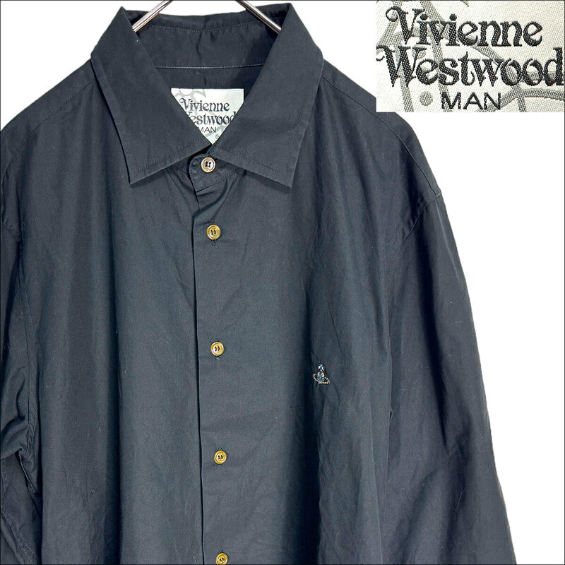 J7181 美品 ヴィヴィアンウエストウッドマン 七分袖 オーブ刺繍シャツ ブラック 48 Vivienne Westwood MAN