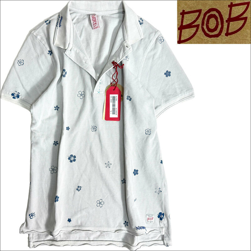 J3081 新品 BOB ハイビスカス柄 鹿の子ポロシャツ グレー系 L