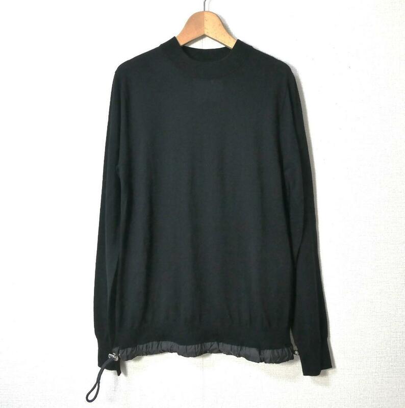美品 sacai サカイ サイズS 薄手 ニット セーター プルオーバー 裾ドローコード 長袖 異素材切り替え 黒 ブラック