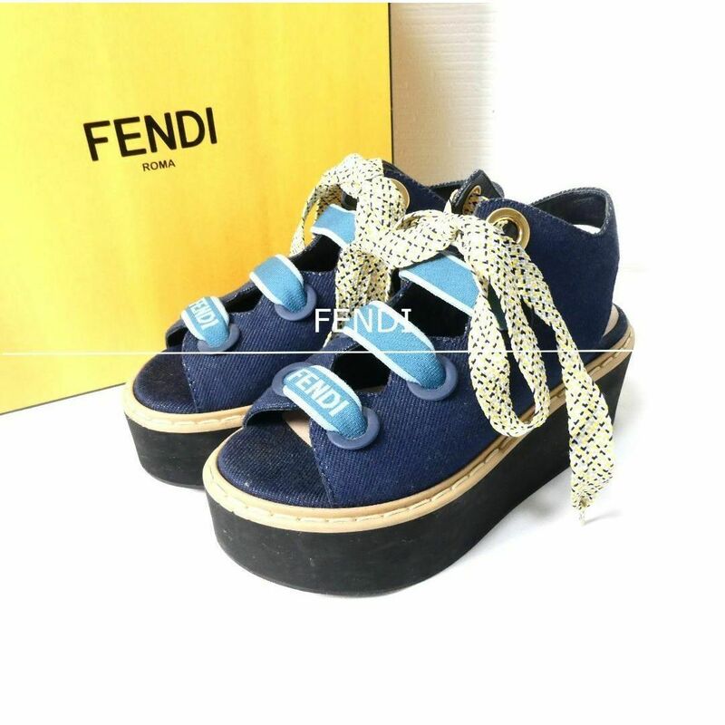 ほぼ美品 FENDI フェンディ サイズ36 約23㎝ ロゴ デニム リボン オープントゥ レースアップ 厚底 プラットフォームサンダル マルチカラー