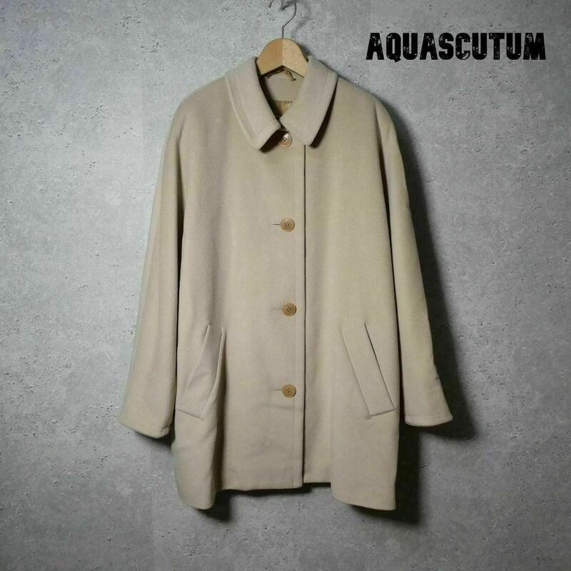 美品 Aquascutum アクアスキュータム サイズ8 ウール ドロップショルダー ロング丈 ミドル丈 ステンカラーコート ハーフコート ベージュ