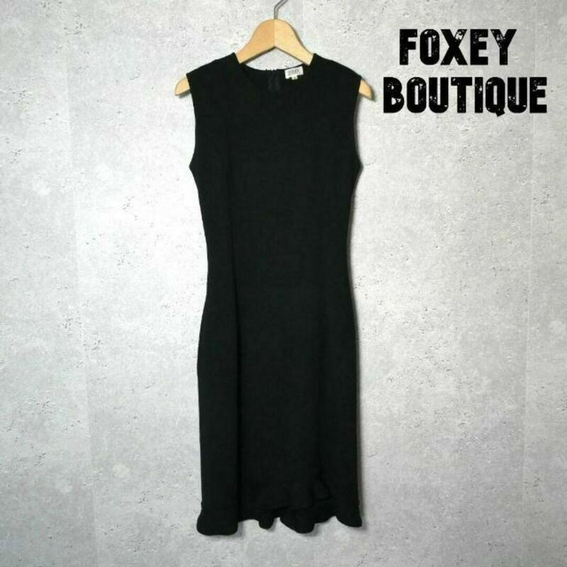 良品 FOXEY BOUTIQUE フォクシーブティック サイズ38 クルーネック 膝丈 ノースリーブ タイト ニット ワンピース 黒 ブラック