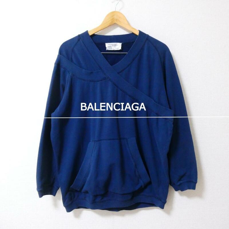 良品 BALENCIAGA バレンシアガ サイズS Vネック 長袖 デザイン スウェットトレーナー プルオーバー 紺 ネイビー