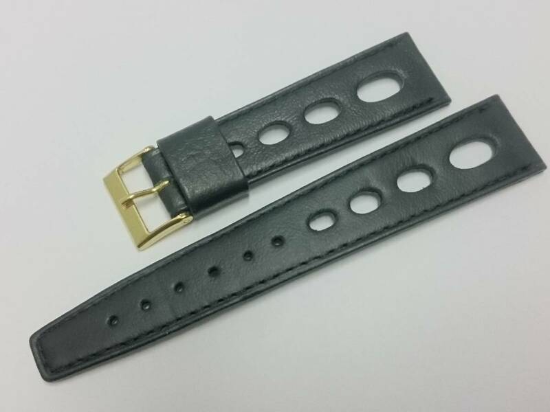 [20mm] ビンテージ ラリー ダイバータイプ レザーベルト 黒 薄手 フラット 金色尾錠 牛革