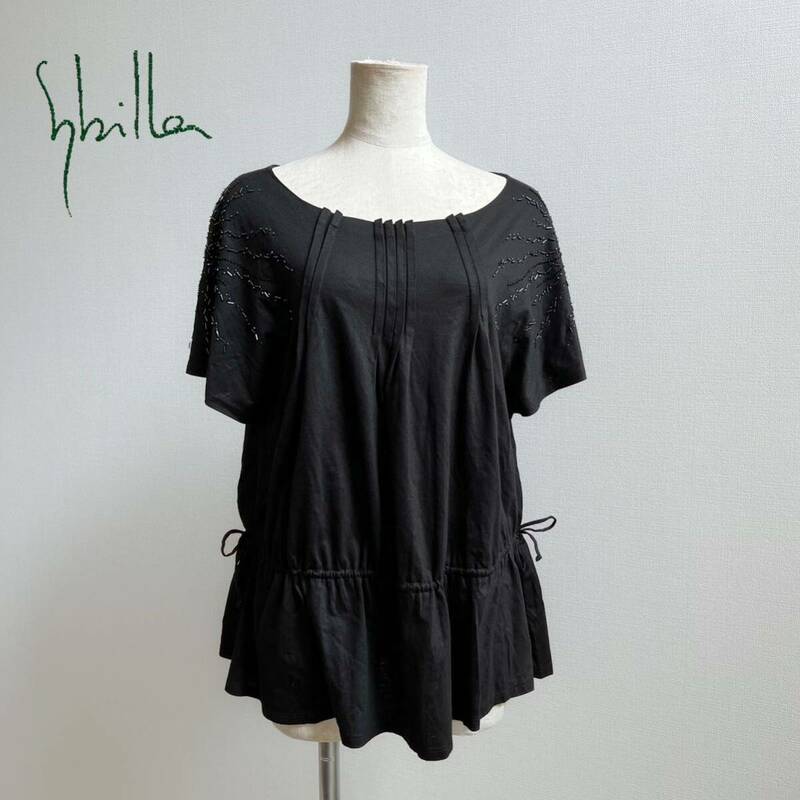 sybilla シビラ　ビーズ刺繍　Tシャツ　カットソー　チュニック　半袖ブラウス 黒 