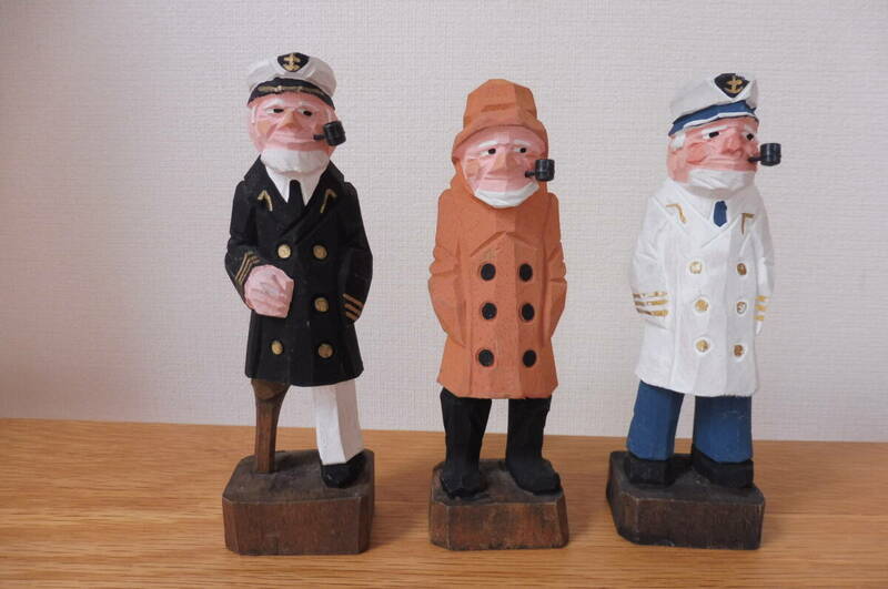 木彫り セーラー人形 ３体セット マリングッズ マドロス 船長 レトロ 置物飾り　１５cm