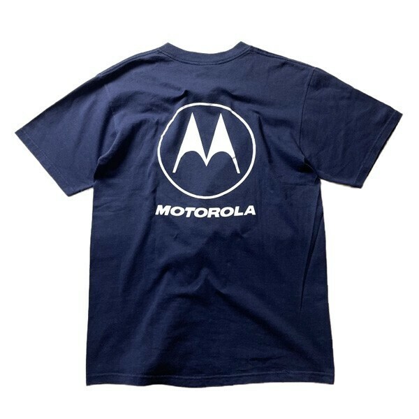 グッドデザイン! 90s USA製 anvil Motorola モトローラ ヴィンテージ 企業ロゴ プリント 半袖 Tシャツ ネイビー 紺 M メンズ 古着 希少