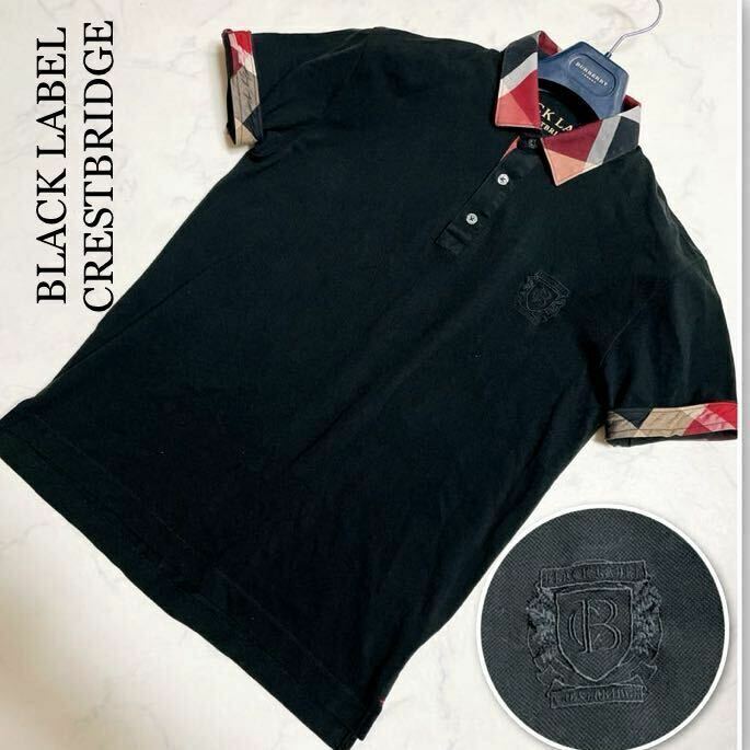 極美品 *Lサイズ●ブラックレーベル クレストブリッジBLACKLABEL CRESTBRIDGE 半袖 ポロシャツ ロゴ刺繍 ブラック 赤 3ノバチェック