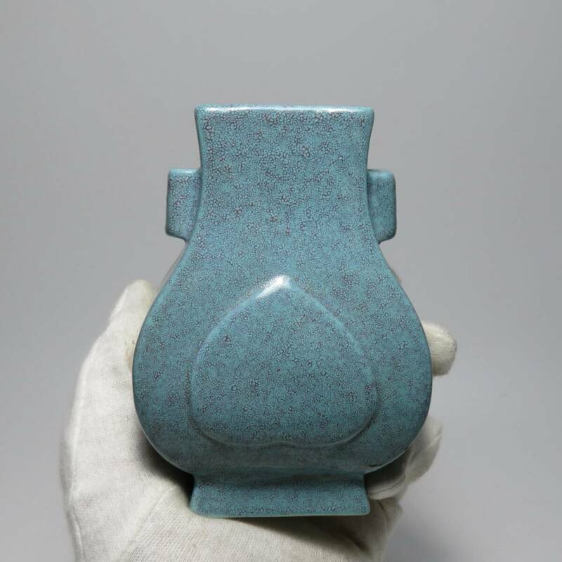 中国美術　清　炉均釉貫耳瓶　時代物