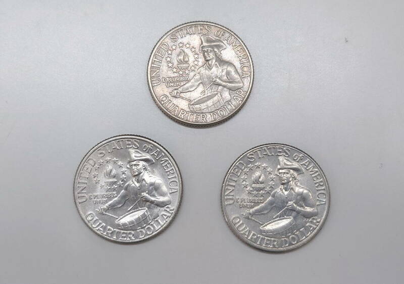 【USセント】25セント硬貨　建国200周年記念硬貨　3枚セット　1776-1976　アメリカコイン　クォーターダラー　プレミア