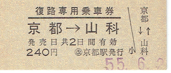 【B型硬券 復路専用乗車券】京都→山科　昭和55年