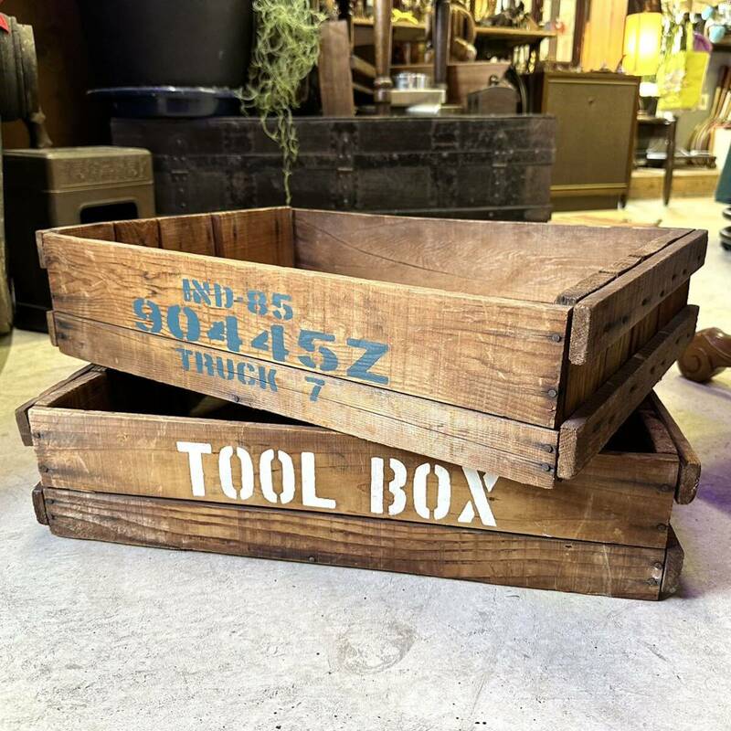 ヴィンテージ 木箱 木製ケース ウッドボックス ツールボックス BOX 2個セット ヴィンテージ雑貨 アンティーク 昭和レトロ インテリア 古着