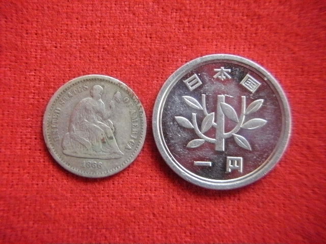 ♪世界の銀貨　UNITED STATES (LIBERTY SEATED) HALF DIME 1866-s- ( 90% silver)　外径約15.55㎜　量目約1.22g　中古並品～