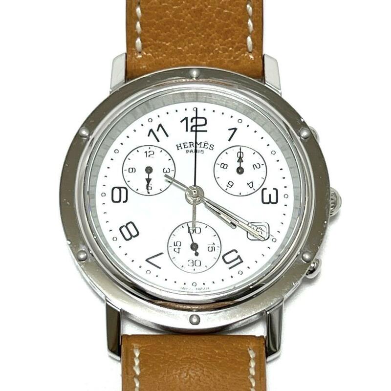 【38mm】エルメス　HERMES　メンズ　腕時計　時計　クリッパー　クロノグラフ　レザー