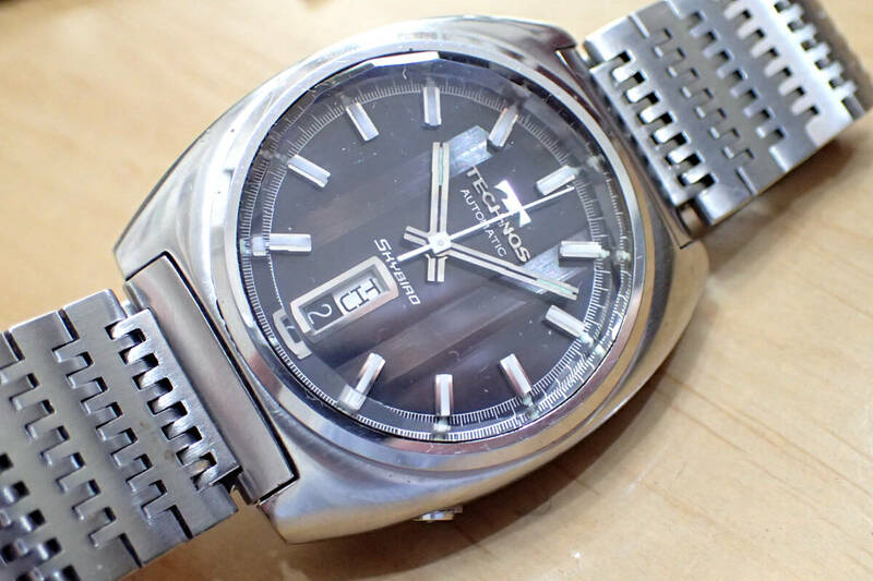 希少 TECHNOS SKYBIRD/テクノス スカイバード ◆カットガラス 自動巻きメンズ腕時計