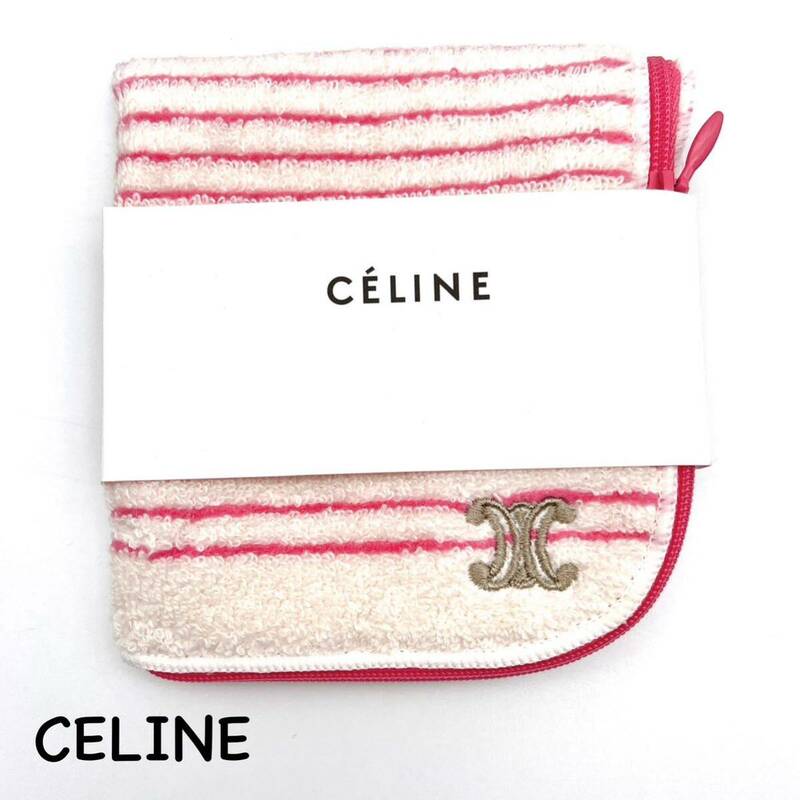 CELINE｜セリーヌ タオルポーチ 未使用品【アクティ】ロゴ マカダム ボーダー ピンク系 ポーチ 綿 ブランド a659et