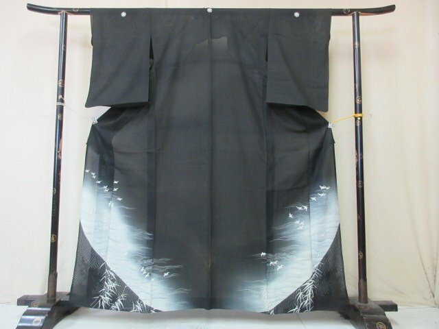 1円 中古 正絹 着物 留袖 絽 縮緬 夏物 式典 和装 アンティーク 雀 波 網目 高級 単衣 身丈152cm 裄64cm ◆逸品◆【夢職】★★★★