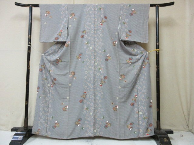 1円 良品 正絹 着物 小紋 縮緬 和装 和服 網目 桜吹雪 花唐草 花柄 かわいい 高級 袷 身丈153cm 裄66cm【夢職】★★★