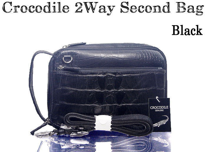 格安 ～ クロコダイル 2Ｗａｙ Ｗファスナー セカンドバッグ ブラック 新品 美品 本革 前面に 背部尻尾 コブ付き革 使用