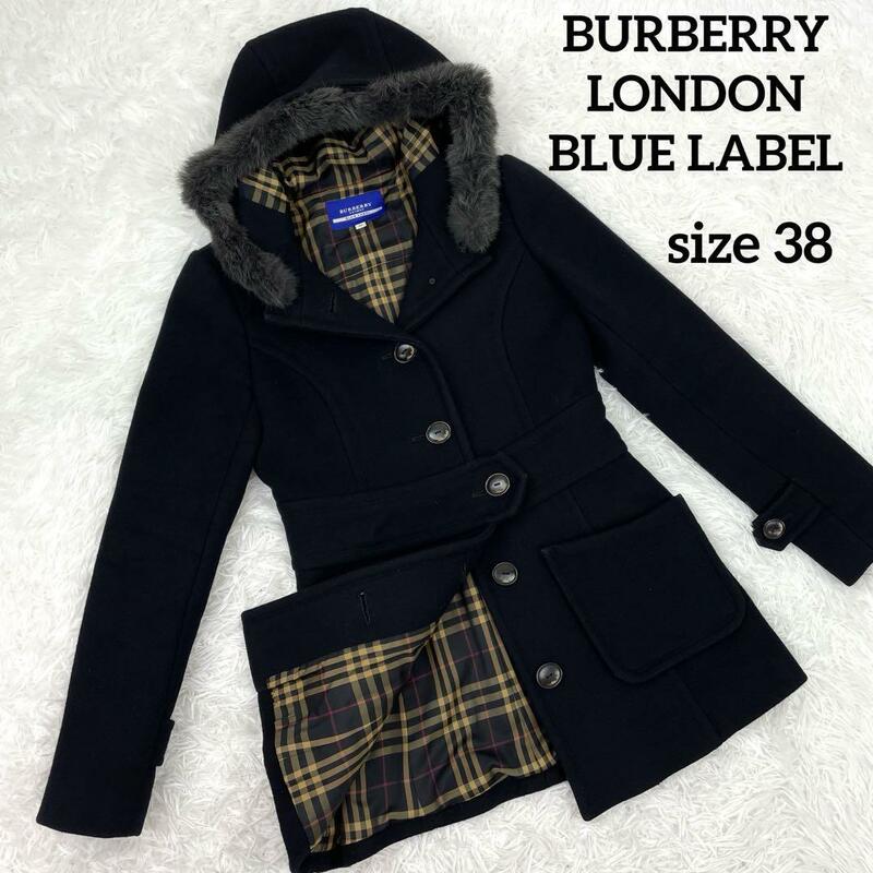 BURBERRY LONDON BLUE LABEL バーバリーロンドン ブルーレーベル ノバチェック アンゴラ混 ラビットファー ハーフコート ミドルコート 38