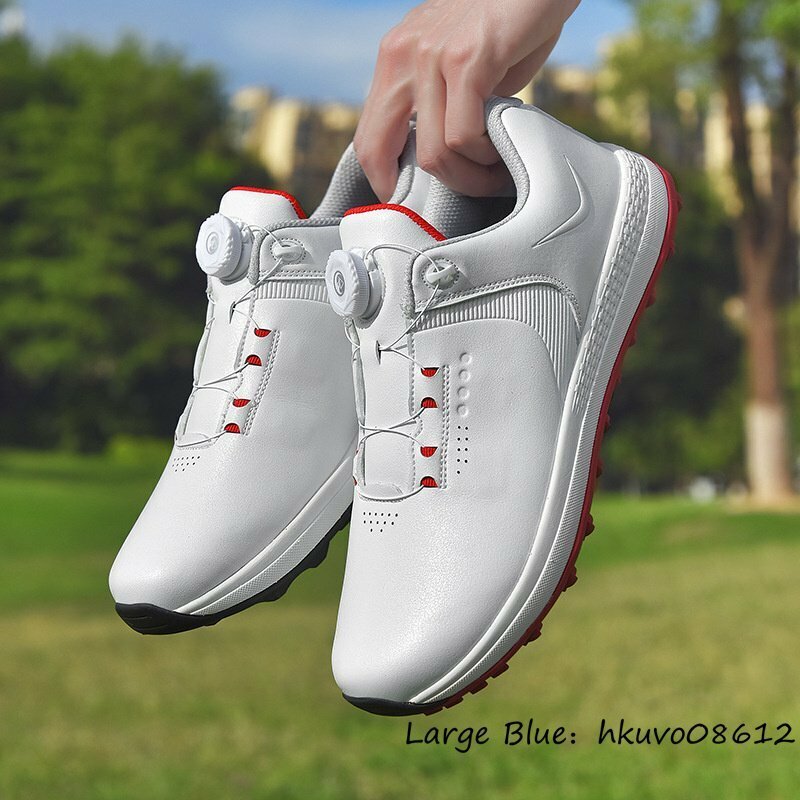 高級品 ゴルフシューズ 新品 ダイヤル式 運動靴 メンズ 幅広い フィット感 軽量 スポーツシューズ 防水 防滑 耐磨 弾力性 白*赤 27.0cm