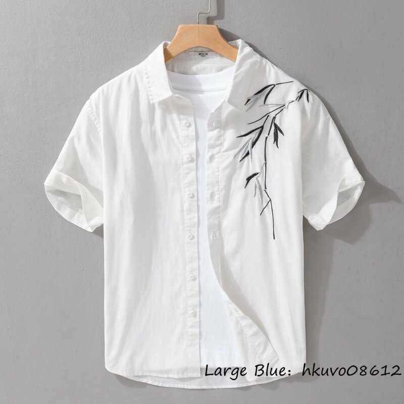 半袖シャツ メンズ 綿麻 刺 カジュアルシャツ 夏新品 サマーシャツ 清涼感 リネンシャツ ワイシャツ 心地良し 薄手 個性 ホワイト XL