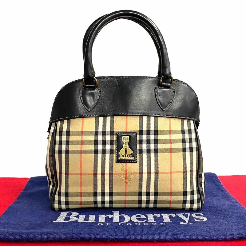 極 美品 Burberrys バーバリーズ ノバチェック ロゴ 金具 レザー 本革 キャンバス ハンドバッグ ミニ ボストンバッグ ベージュ 31236