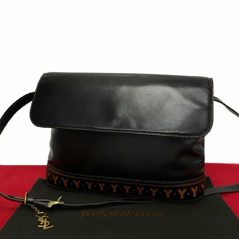 極 美品 YVES SAINT LAURENT イヴサンローラン YSL 金具 カットアウト ロゴ レザー 本革 ミニ ショルダーバッグ ブラック ブラウン 29899