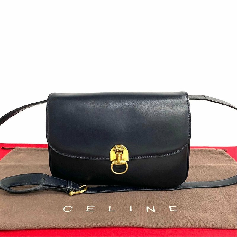 極 美品 CELINE セリーヌ ヴィンテージ ロゴ 馬車金具 カーフ レザー 本革 ショルダーバッグ ポシェット サコッシュ ネイビー 21672