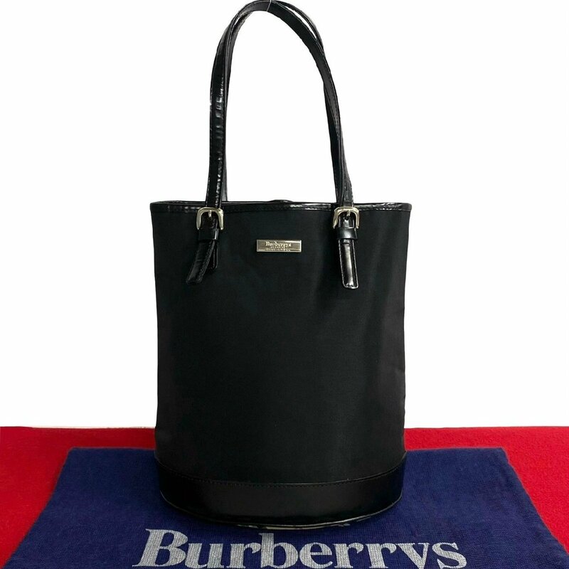 極 美品 Burberrys バーバリーズ ノバチェック ロゴ 金具 レザー 本革 キャンバス ハンドバッグ ミニ トートバッグ ブラック 19163