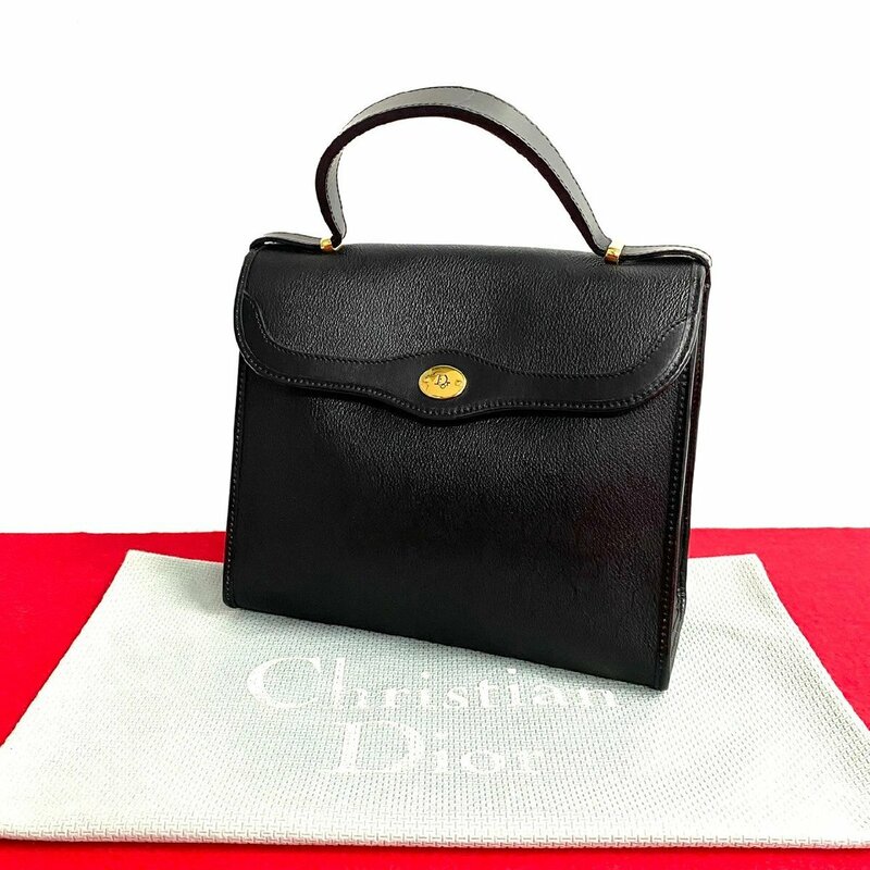 極 美品 Christian Dior ディオール ヴィンテージ ハニカム ロゴ 柄 レザー 本革 ハンドバッグ ミニ トートバッグ ブラック 41505