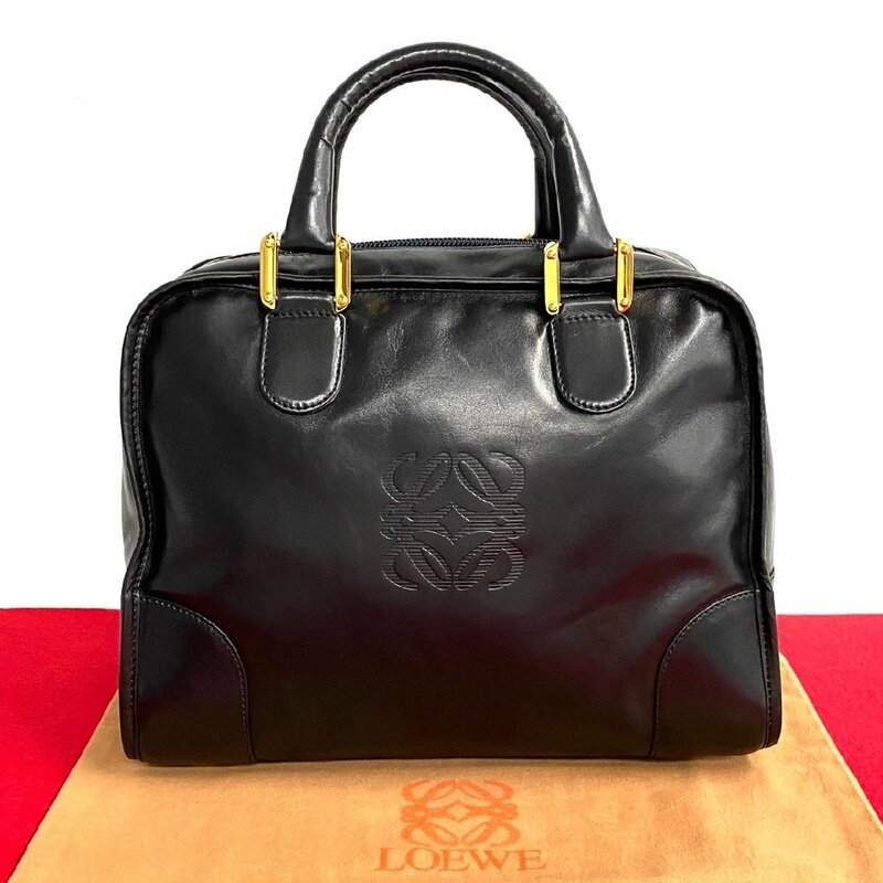 極 美品 レア品 LOEWE ロエベ アマソナ 32 アナグラム ロゴ 金具 レザー 本革 ハンドバッグ ミニ ボストンバッグ ブラック 黒 26002