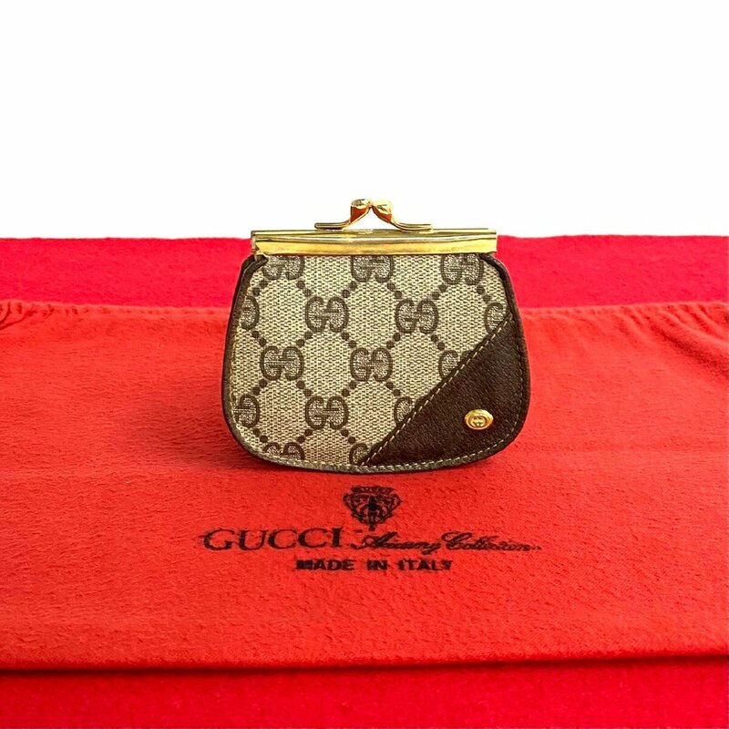 極 美品 GUCCI オールドグッチ グッチ ヴィンテージ GG ロゴ レザー 本革 がま口 ミニ コインケース 小銭入れ ブラウン 茶 73936