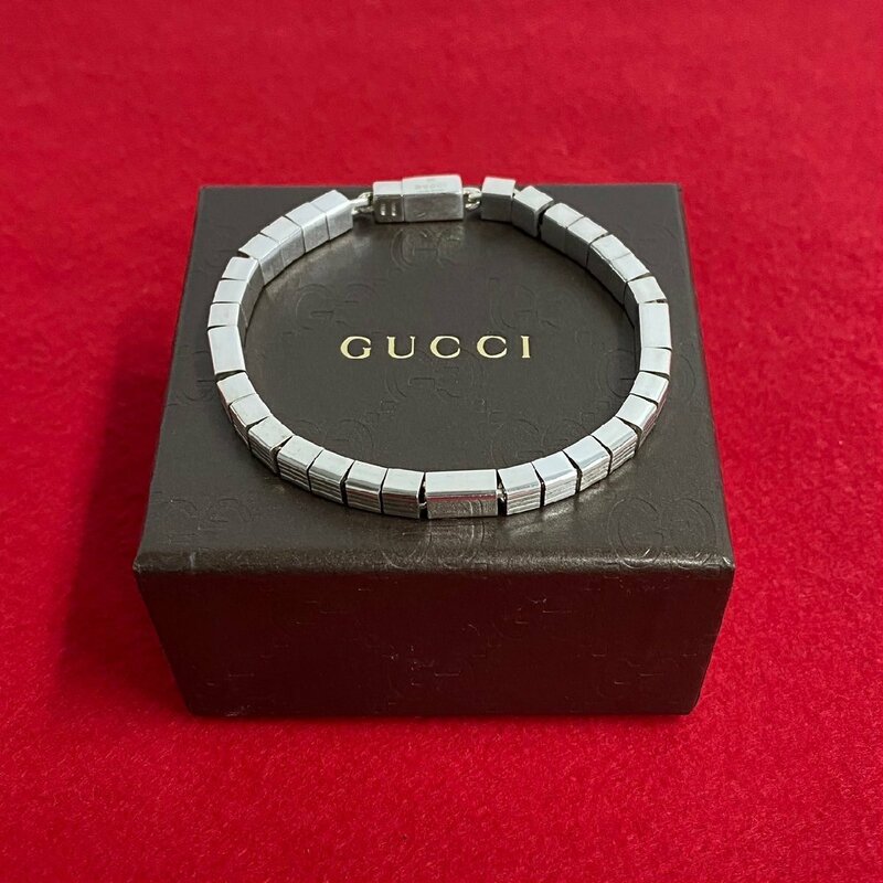 ほぼ未使用 箱 袋付 GUCCI グッチ シルバー925 ブロック チェーン ブレスレット バングル レディース メンズ アクセサリー シルバー 21967