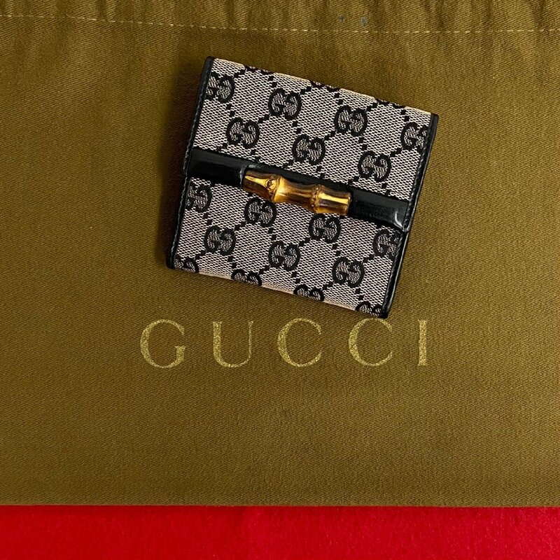 未使用保管品 GUCCI グッチ バンブー 金具 GG ロゴ レザー キャンバス 二つ折り 財布 ミニ コンパクト ウォレット ブラック 36493