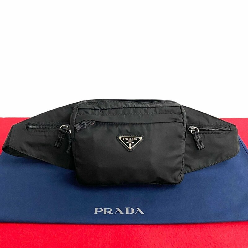 極 美品 希少品 PRADA プラダ 三角ロゴ 金具 ナイロン ボディバッグ ミニ ウエストバッグ ショルダーバッグ ブラック 黒 28653