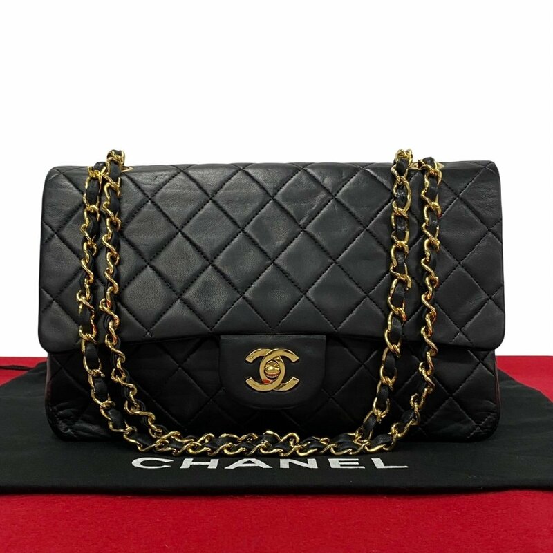 極 美品 シール有 5番台 CHANEL シャネル Wフラップ マトラッセ ラムスキン 25cm チェーン ターンロック ショルダーバッグ ブラック 18837