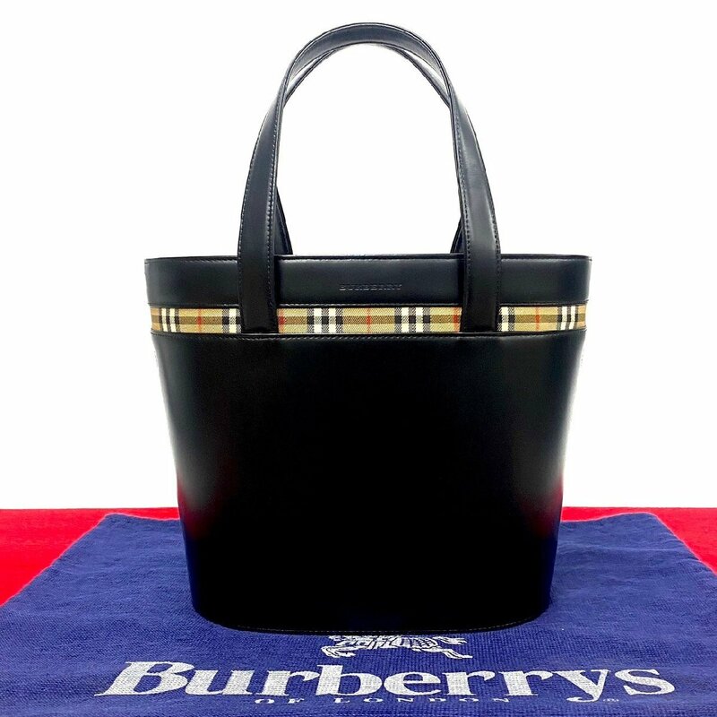 ほぼ未使用 希少品 BURBERRY バーバリー ノバチェック ロゴ カーフ レザー 本革 ハンドバッグ ミニ トートバッグ ブラック 黒 16847