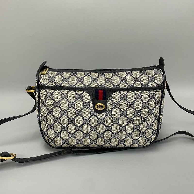 美品 GUCCI グッチ オールドグッチ シェリーライン ロゴ 柄 金具 レザー 本革 ミニ ショルダーバッグ ポシェット ネイビー 619-10